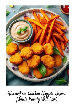 chicken nuggets and sweet potato fries on a plate