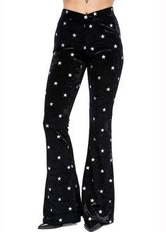 velvet star print bell bottoms Shaggy Jacket, Bell Bottom Trousers, Velvet Flare Pants, Leopard Print Jumpsuit, Black Velvet Pants, Black Velvet Fabric, Catty Noir, Velvet Flares, Rocker Style