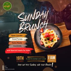 an advertisement for sunday brunch with waffles and fruit