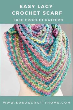 an easy crochet scarf with the text, easy lacy crochet scarf free pattern