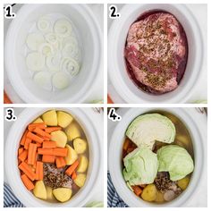 four pictures showing the steps to make beef stew in slow cooker bowls, including carrots, potatoes and cabbage