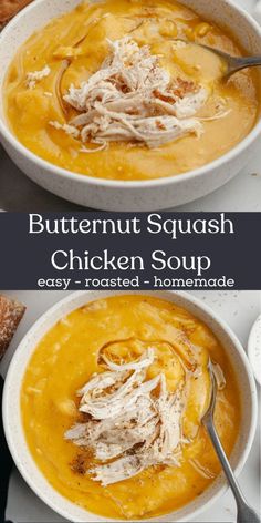 two bowls of butternut squash chicken soup, one is in the bowl and the other has