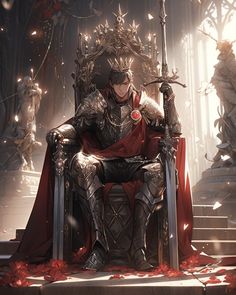 a man dressed in armor sitting on a throne