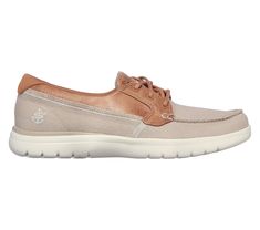 Classic nautical style and comfort combine in the Skechers On-the-GO Flex - Embark shoe. This lace-up boat shoe features a colorful canvas fabric and smooth 'Leather-Tex' fabric upper with an Air-Cooled Goga Mat insole and a lightweight ULTRA GO cushioned midsole. | Skechers Women's On-the-GO Flex - Embark Shoes Casual Lace-up Sneakers For Boating, Summer Lace-up Boat Shoes With Rubber Sole, Sporty Low-top Sneakers For Boating, Casual Low-top Boat Shoes With Contrast Sole, Nautical Style, Wide Shoes, Boat Shoe, Nautical Fashion, Skechers Women