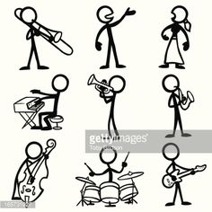 black and white stick figures playing musical instruments