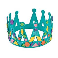 a blue crown with colorful designs on it