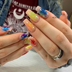 Glitter nails, rainbow nails, gel nails, coffin nails, summer nails Gel Nails Coffin, Nails Rainbow, Pride Nails, Cute Gel Nails, Rainbow Nails