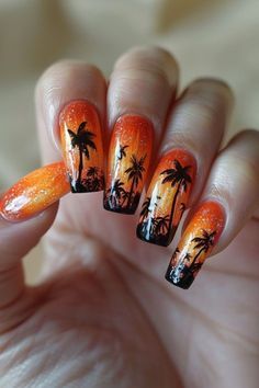 Palm Trees Nails, Trees Nails, Carnival Nails, Aloha Nails, Nails Tropical, Hawaiian Nails, Coffin Nail Designs, Tropical Orange, Tropical Nails