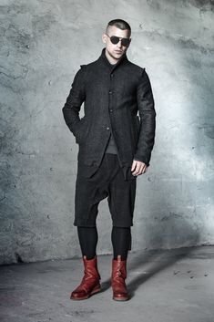 "__BIONIK WOOL JACKET TYPE H __FULLY LINED __RAW HEM __BUTTON CLOSURE __2 FRONT POCKETS __ARM SHAPED SLEEVES __HAND STITCH ON SHOULDERS __HORN BUTTONS model__ chest 103 (40.5\"), waist 77 (30.3\"), hips 96 (37.8\"), biceps 35 (13.8''), height 180 (5'11\"), kg 74 (163 lbs) model wears size M | color: dark grey herringbone, black lining fabric__ 100 wool, lining: 100 cotton care__ dry clean sizing__ size XS (IT 44, US 34, JP 1) chest 92 - 95 cm / 36\" - 37.4\" waist 74 cm / 29.1\" hips 92 cm / 36\ Winter Blazer With Stand Collar And Button Cuffs, Tailored Avant-garde Outerwear For Fall, Wool Blazer With Stand Collar And Pockets, Fitted Nehru Jacket With Long Sleeves For Winter, Wool Stand Collar Blazer With Pockets, Fitted Nehru Jacket For Winter, Fitted Long Sleeve Nehru Jacket For Winter, Tailored Long Sleeve Nehru Jacket For Winter, Tailored Nehru Jacket With Long Sleeves For Winter