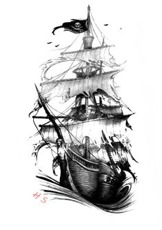 a black and white drawing of a pirate ship