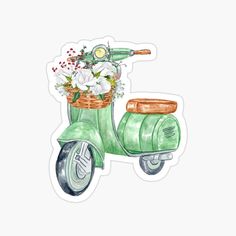 a drawing of a green scooter with flowers in the basket