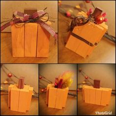 four pictures of pumpkins made out of wooden blocks and tied with ribbon, sitting on top of a table