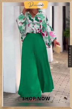 Women Lapel Long Sleeve Floral Printed Shirts Tops+high Waist Wide Legs Trouser Suit Ladies High Street Holiday Shirt Pants Set Wide Leg Pant Suit, Traje Casual, Turndown Collar, Casual Suit, Pantalon Large, Denim Overalls, Casual Sets, Outfit Casual, Lantern Sleeves