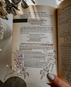 light academia book with neutral tones and writing. Soft colors and flowers are present as well as doodles of wysteria along the sides of a quote. The book features Greek mythilogy The Hobbit Annotations, Books Notes Aesthetic, Book Notes Ideas, Aesthetic Book Annotation, Book Annotations Aesthetic, Acotar Annotations, Romanticizing Reading, Annotating Books Aesthetic