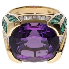 Bulgari Rome Vintage 'Carré' Amethyst Diamond Emerald 18KT Signet Ring For Sale at 1stDibs Luxury Multi-stone Amethyst Ring For Formal Occasions, Purple Amethyst Art Deco Ring, Rome Vintage, Bvlgari Ring, Bulgari Jewelry, Bvlgari Jewelry, Amethyst Set, Baguette Diamond Rings, Baguette Ring