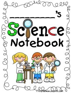 a science notebook with three kids holding magnifying glasses and looking at something on the table