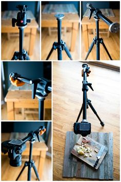 a series of photographs showing food being prepared on a tripod with the words food photography equipment