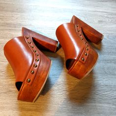 Beautiful Cognac Merryyy Wooden Platforms By Madden Girl. I Fell In Love With Them In The Store, But Their Height Intimidated Me, So They Have Just Sat In Their Box In My Closet. Perfect Condition. Leather Clogs With Round Toe For Party, Leather Round Toe Clogs For Party, Leather Party Clogs With Round Toe, Party Leather Clogs With Round Toe, Madden Girl Platform Sandals, Madden Girl Sandals, Block Heel Platform Sandals, White Platform Sneakers, Rhinestone Pumps