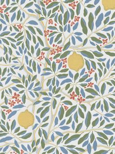 an artistic wallpaper with leaves and flowers on white background, in shades of blue, green, yellow and red