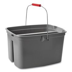 a grey plastic bucket with two handles and a red handle on the top, sitting against a white background