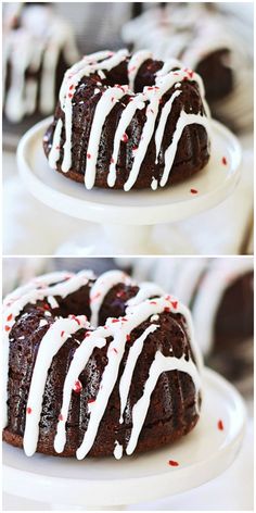 chocolate bundt cake with white icing and peppermint drizzles