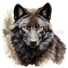 a painting of a wolf with yellow eyes