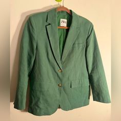 Linen Blend Menswear Style Blazer Never Worn. Size Small. Spring Business Green Outerwear, Casual Green Outerwear, Green Casual Business Outerwear, Casual Green Outerwear For Business, Casual Green Business Outerwear, Tailored Green Zara Blazer, Zara Casual Blazer With Lapel Collar, Zara Casual Blazer For Spring, Casual Business Blazer By Zara