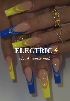 Fabulous Nails Designs, Bright Square Acrylic Nails, Blue And Yellow French Tip Nails, Sgrho Nails, Blue And Yellow Nail Ideas, Yellow And Royal Blue Nails, Blue And Yellow Nails Acrylic, Long Yellow Nail Designs, Blue And Yellow Nail Designs