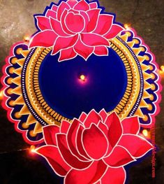 an image of a pink flower in the middle of a blue circle with lights around it