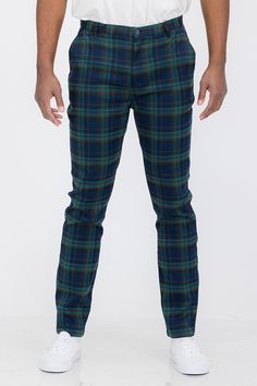 Slim fit plaid trousers w/ button fly closure, standard pockets and two back pockets with button closure 98% Polyester 2% Spandex Blue Pants Men, Green Plaid Dress, Plaid Dress Pants, Plaid Trousers, Mens Plaid, Slim Fit Trousers, Men Fits, Plaid Pants, Formal Attire