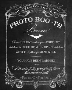 a chalkboard sign with the words photo - booth on it and an ornate frame