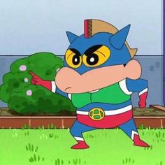 the cartoon character is dressed in blue and red, holding his arms out with one hand