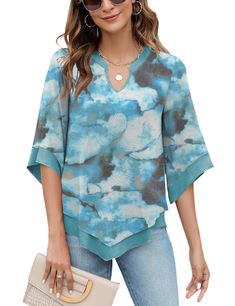 PRICES MAY VARY. ❤Unique Design: The flattering floral outer and solid color linning combinations make you look more elegant and fashionable. Henley V neck Design which are perfectly for various occasions. ��❤3/4 BELL SLEEVE: Semi-sheer patchwork ruffled 3/4 sleeve, Make you move your arms easily without any obstructions, for the ultra comfortable feel and trendy style. ❤Slimmer Design for You: This dressy top is designed to show off your best features. Double layers and flowy bottom design perfec Sheer Patchwork, Blouses V Neck, Mesh Shirts, Business Casual Blouse, Flowy Tunic Tops, Ladies Tops Blouses, Chiffon Blouses, Flowy Tunic, Bottom Design