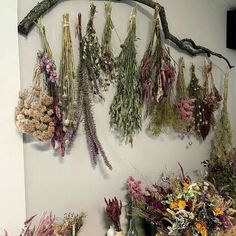 a bunch of dried flowers hanging on a wall