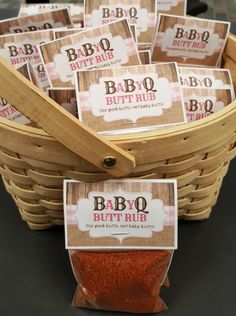 a basket filled with lots of different types of bbq rubs on top of a table