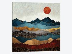 a painting with mountains and a red moon in the sky