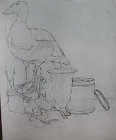 a drawing of a bird sitting on top of a trash can next to a bucket