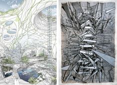 two drawings, one with trees and the other with buildings