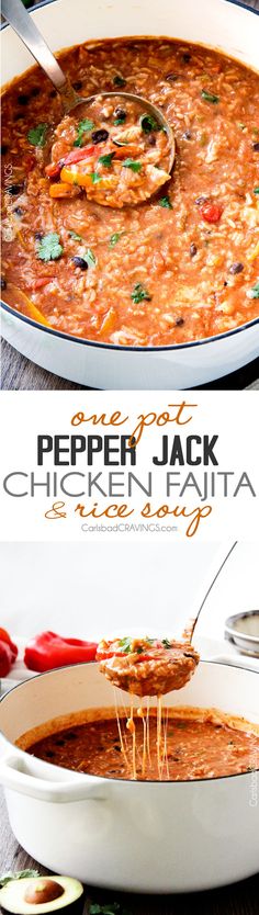 the recipe for pepper jack chicken fajita is shown in two different pictures, one with