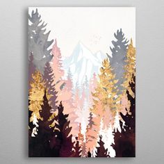 an abstract painting with trees and mountains in the background, on a white wall above it