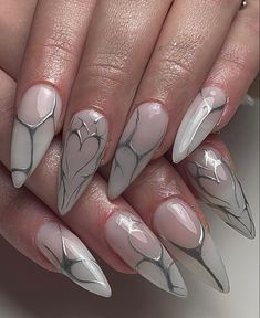 Nail Art Funky, Ongles Goth, Paznokcie Hello Kitty, Silver Nail Designs, Milky Nails, Chrome Nails Designs, Nail Salon Design, Silver Nail