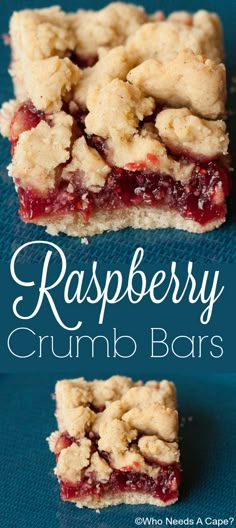 raspberry crumb bars are stacked on top of each other