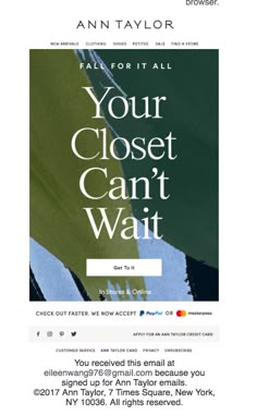 an email message with the words, your closet can't wait and it is now available