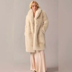 Brand New With Tags. Covetable And Limited Edition. 100% Polyester. Snap Closure. Welt Pockets. Lined. Dry Clean. Imported. Relaxed Fit. Body Length: 41". Sleeve Length: 31 3/4". Hits Above Knee. Luxury Winter White Long Sleeve Fur Coat, Classic Fall Fur Coat, Classic Fitted Faux Fur Outerwear, Luxury Spring Outerwear With Faux Fur Lining, Long Fur Coat For Workwear, Cream Long Fur Coat, Luxury Fitted Fur Coat For Spring, J Crew Collection, Jcrew Collection