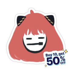 a sticker with an image of a red monster face and black horns on it