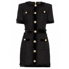 Medium dress with Jewel metal buttons. Regular Crew-Neck. Single reinforced needle stitching. Haute Couture Style, High Fashion Dresses, Tweed Dress, Patchwork Dress, Dolce E Gabbana, Knit Mini Dress, Plaid Dress, Stylish Dresses, Dress Materials