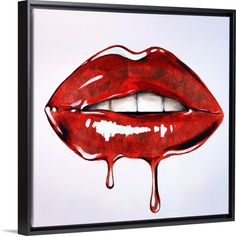 a painting with dripping red lips on a white background