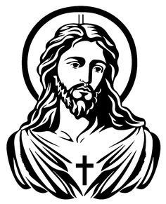 the face of jesus in black and white with a cross on it's chest