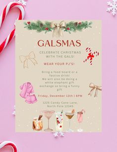 New! Instant download editable Galsmas party invitation | Girly | Bows | Christmas | Festive Cocktail | Holiday Invite | Canva Girly Movie Night Party, Cranberry Theme Party, Galsmas Christmas Party, Christmas Party Invite Ideas, Galsmas Party, Christmas Birthday Party Ideas For Women, Girlsmas Party, Girly Christmas Party, Friend Events