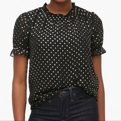 Amazing Top Never Worn Size Xs Cute Black Short Sleeve Blouse, Cute Black Blouse With Ruffles, Cute Black Spring Blouse, Black Swiss Dot Blouse For Spring, Casual Polka Dot Swiss Dot Top, Fitted Polka Dot Cute Tops, Fitted Cute Polka Dot Tops, Cute Fitted Polka Dot Tops, Casual Swiss Dot Tops For Workwear